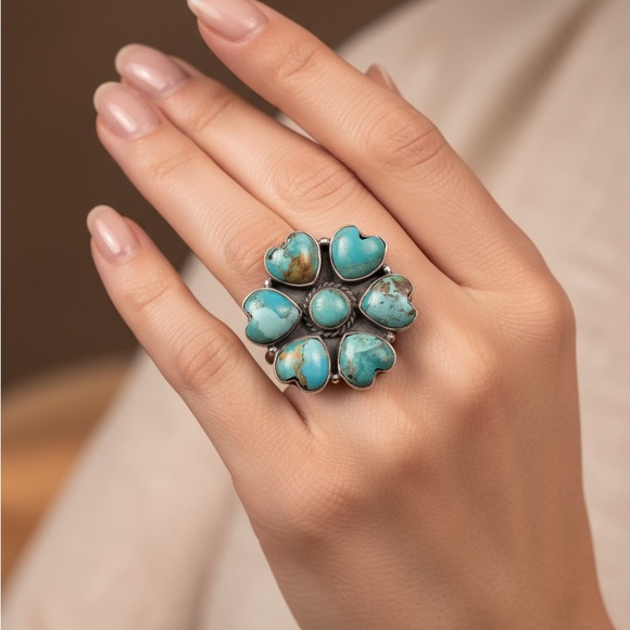 Genuine, Turquoise and sterling silver Heart‎ Cluster Ring - Picture 2 of 6